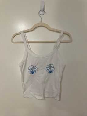 White Tank Top with Blue Shell Embroidery